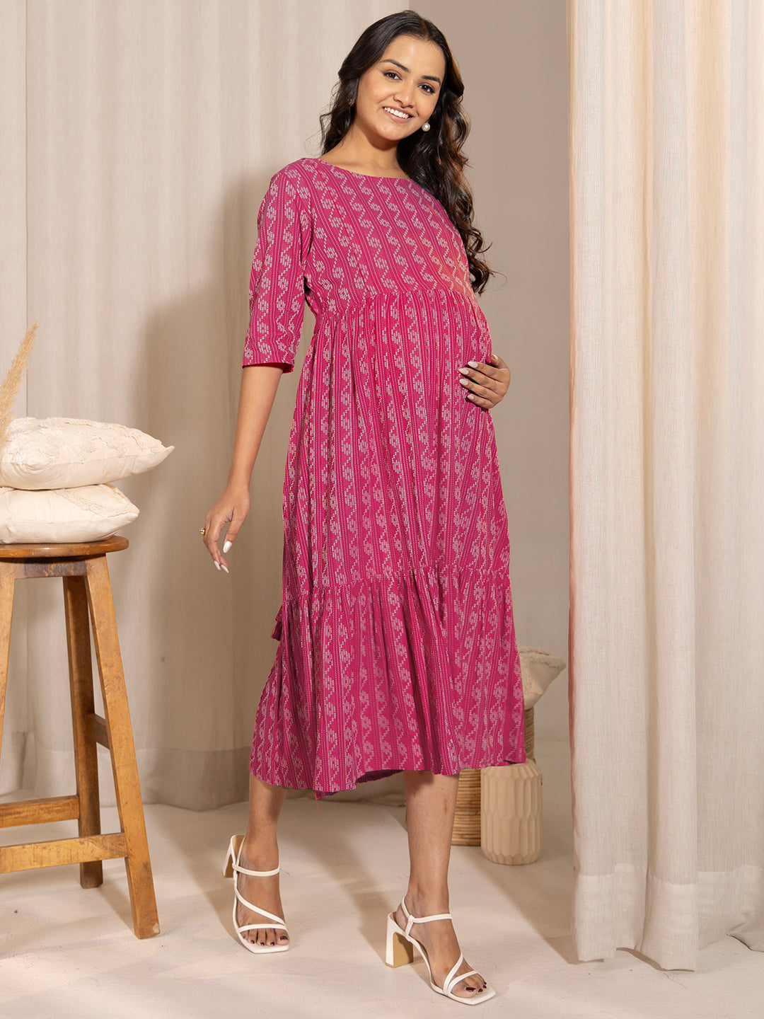 Janasya Pink Cotton Woven Design Casual Maternity Dress