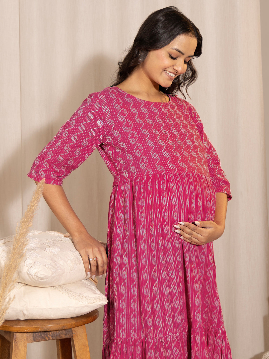 Janasya Pink Cotton Woven Design Casual Maternity Dress