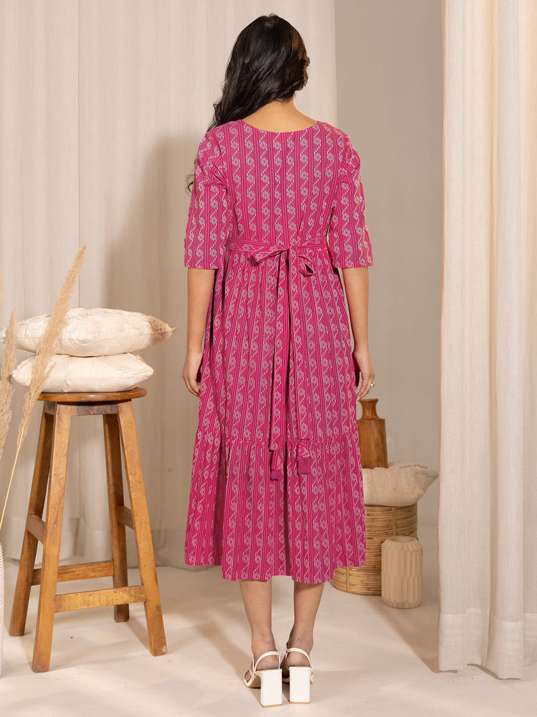 Janasya Pink Cotton Woven Design Casual Maternity Dress