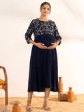 Janasya Navy Blue Georgette Yoke Foil Printed Casual Maternity Kurta