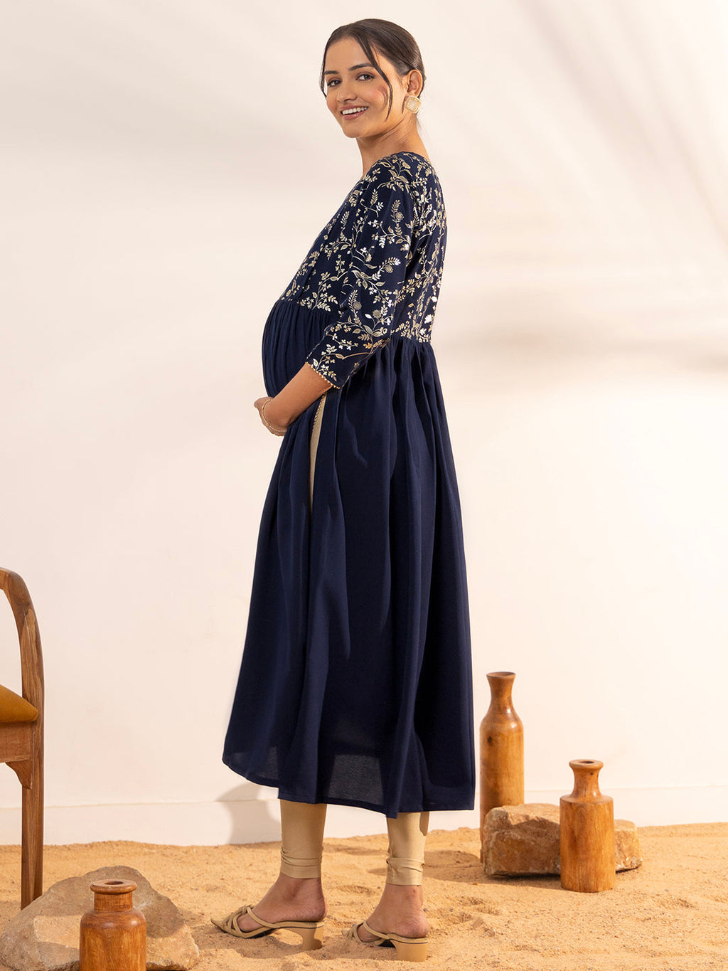 Janasya Navy Blue Georgette Yoke Foil Printed Casual Maternity Kurta