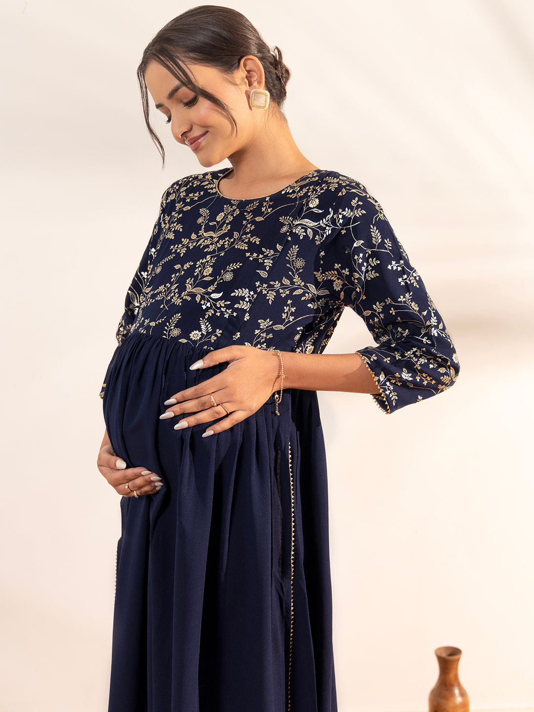 Janasya Navy Blue Georgette Yoke Foil Printed Casual Maternity Kurta