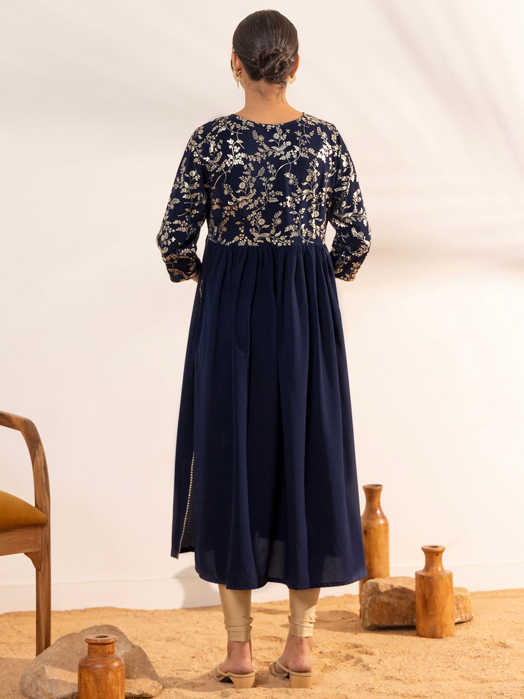 Janasya Navy Blue Georgette Yoke Foil Printed Casual Maternity Kurta