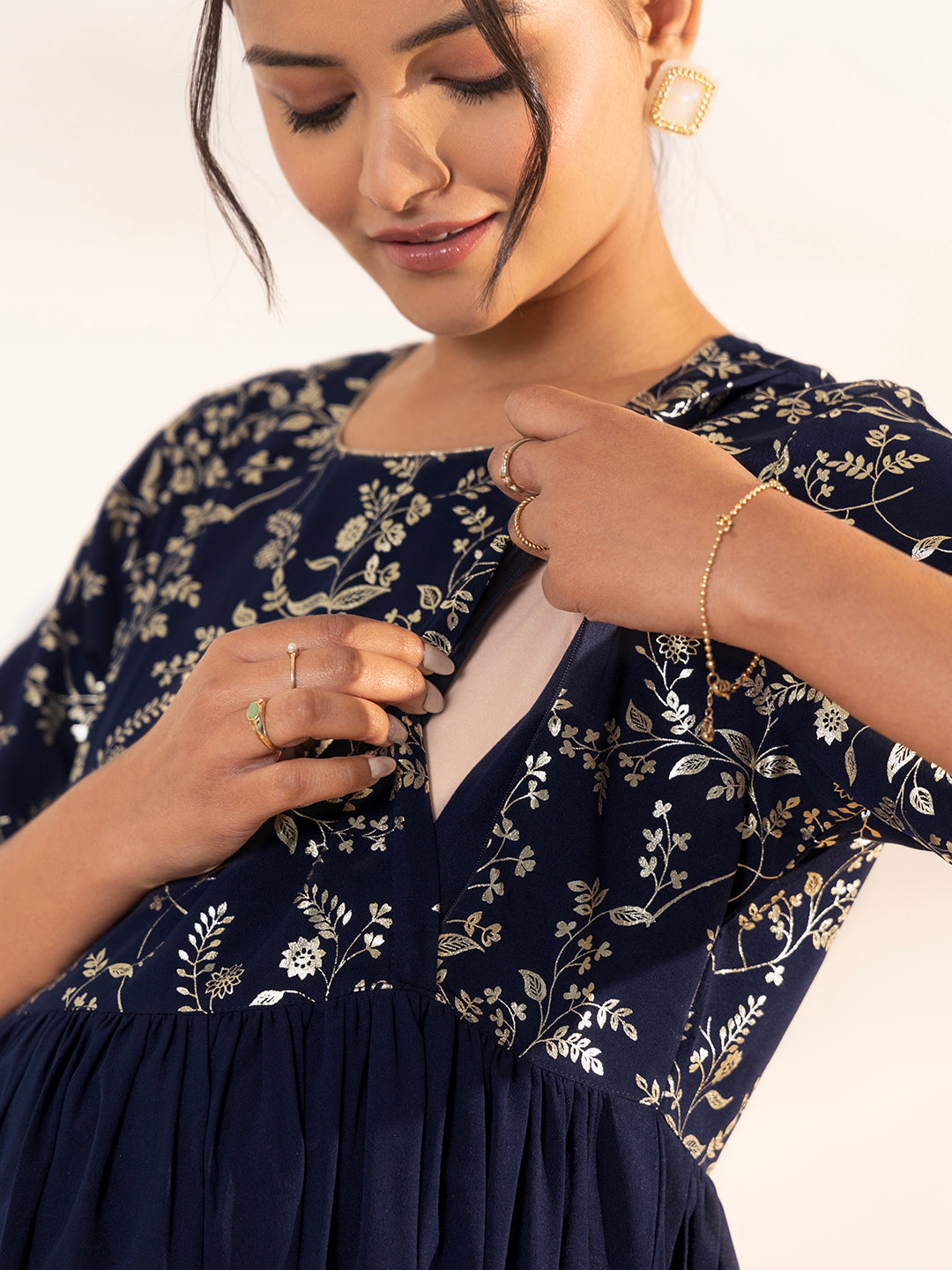 Janasya Navy Blue Georgette Yoke Foil Printed Casual Maternity Kurta