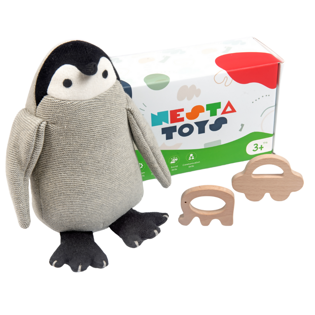Nesta Toys Newborn Gift Set - Penguin Plush Toy, Wooden Elephant & Car Teether