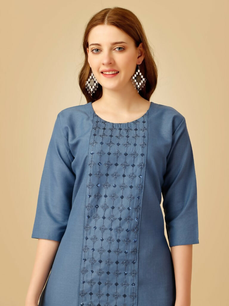 Jyoti Fashion Women's Denim Blue Cotton Blend Embroidered Kurta Pant Set