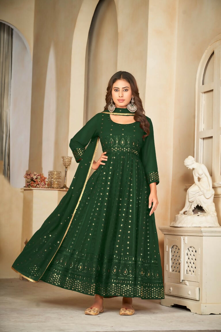 Jyoti Fashion Women's Green Georgette Embroidered Anarkali Kurta Pant Set With Dupatta