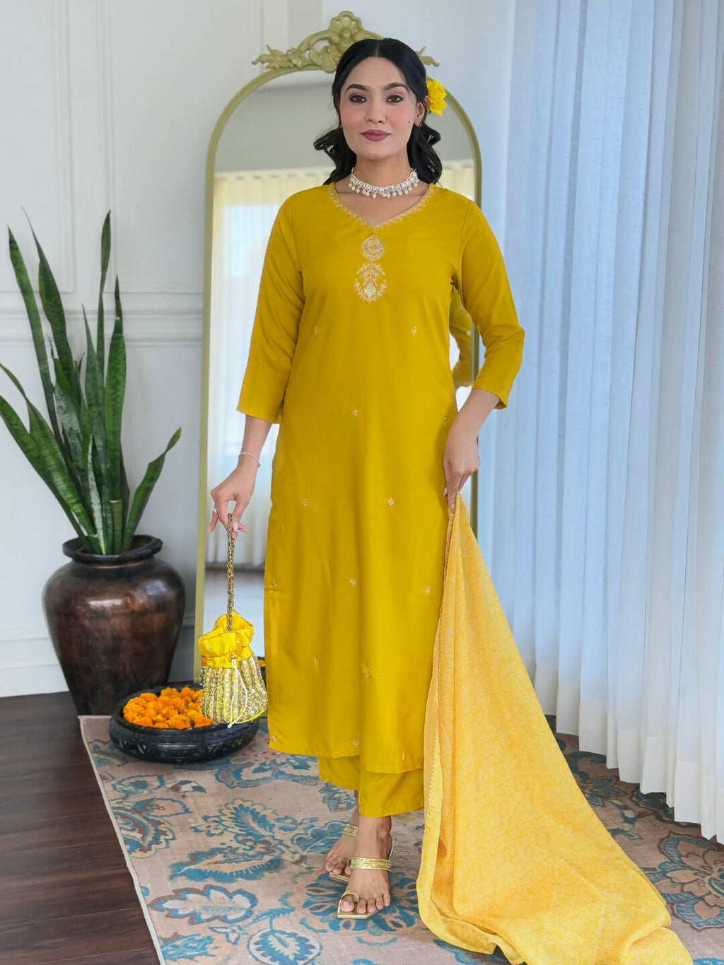 The52 Yellow Women's Beautiful Embroidered Rayon Fabric with Straight Kurta, Pant and Dupatta Set