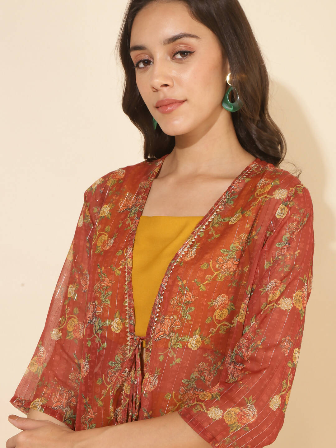 Janasya Women's Mustard Moss Solid Festive Crop Top Set