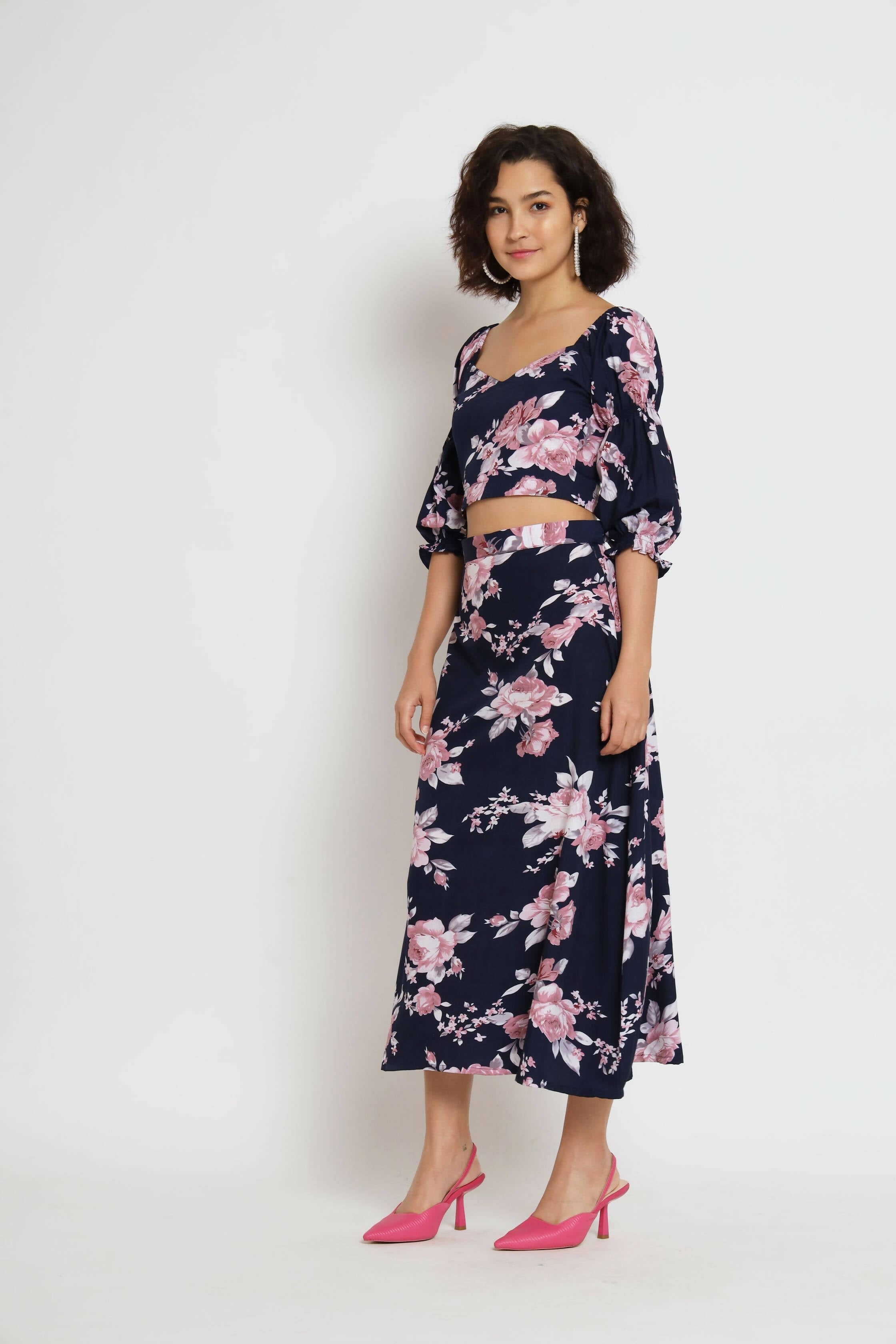 Blue Crepe Floral Printed Top with Matching Skirt - Shivani
