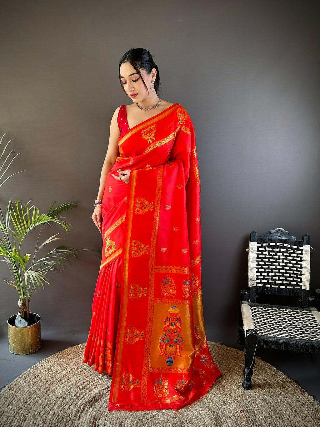 Joban Fashion Red Meenakari Weaving Paithani Sarees