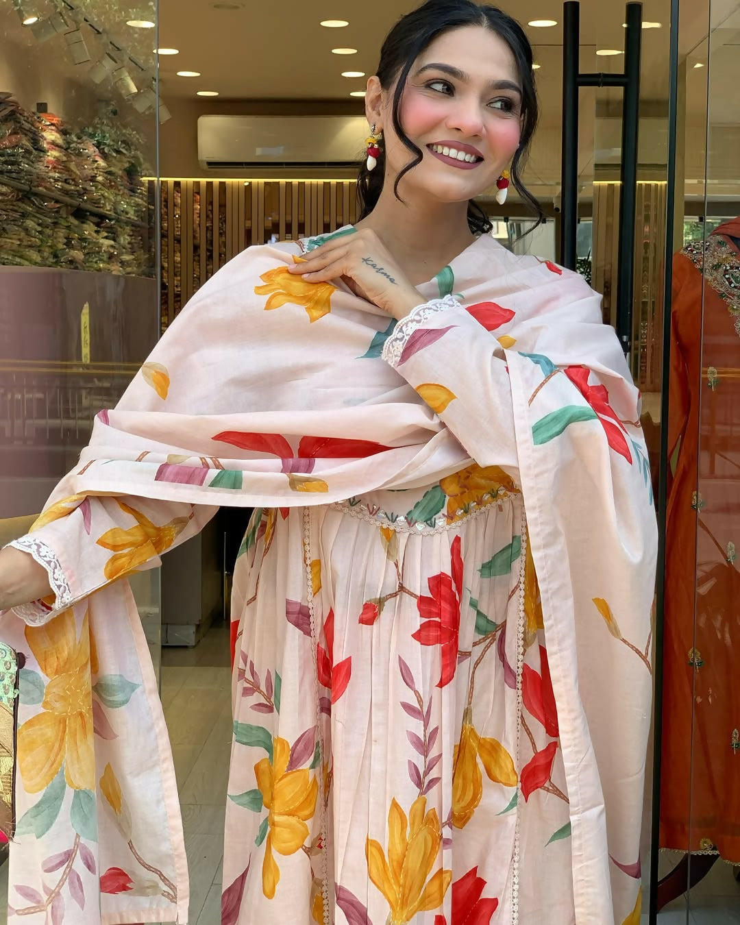 The52 Peach Women's Gorgeous Cotton Fabric Printed Work Straight Kurta Pant and Dupatta Set