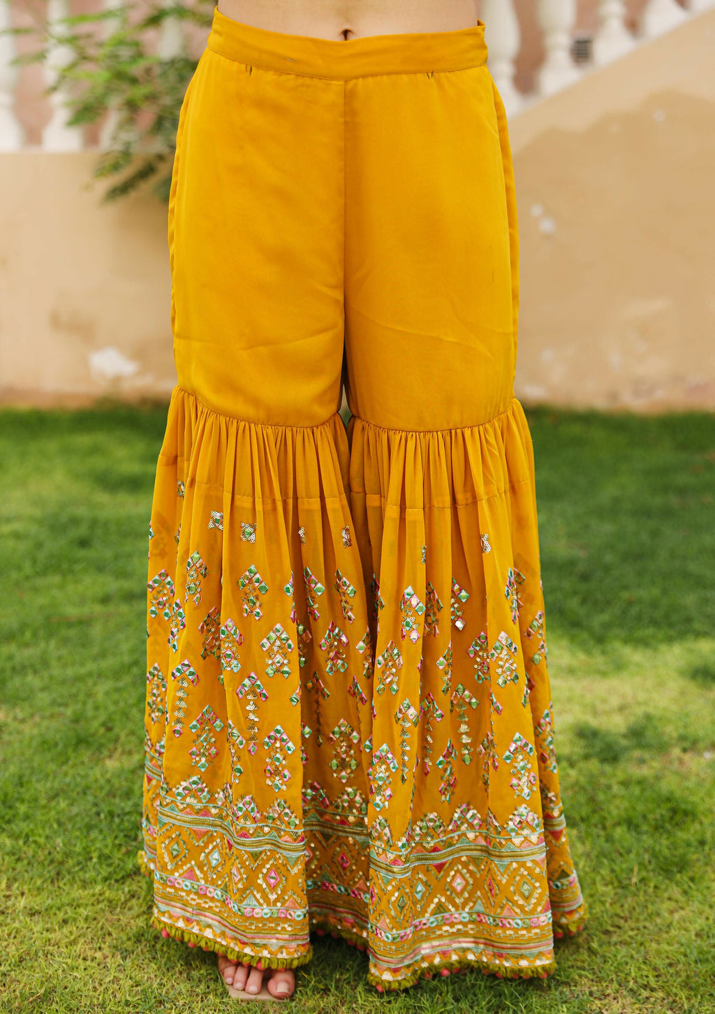 Juniper Women's Mustard Thread Embroidered Georgette Kurta Sharara And Dupatta Set With Sequins & Mirror Work