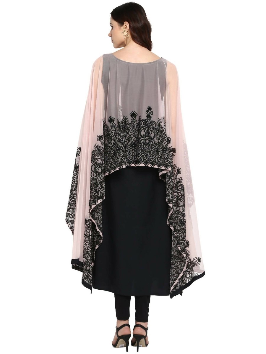 Ahalyaa Women's Beautiful Black Crepe Printed Kurta with Attached Dupatta
