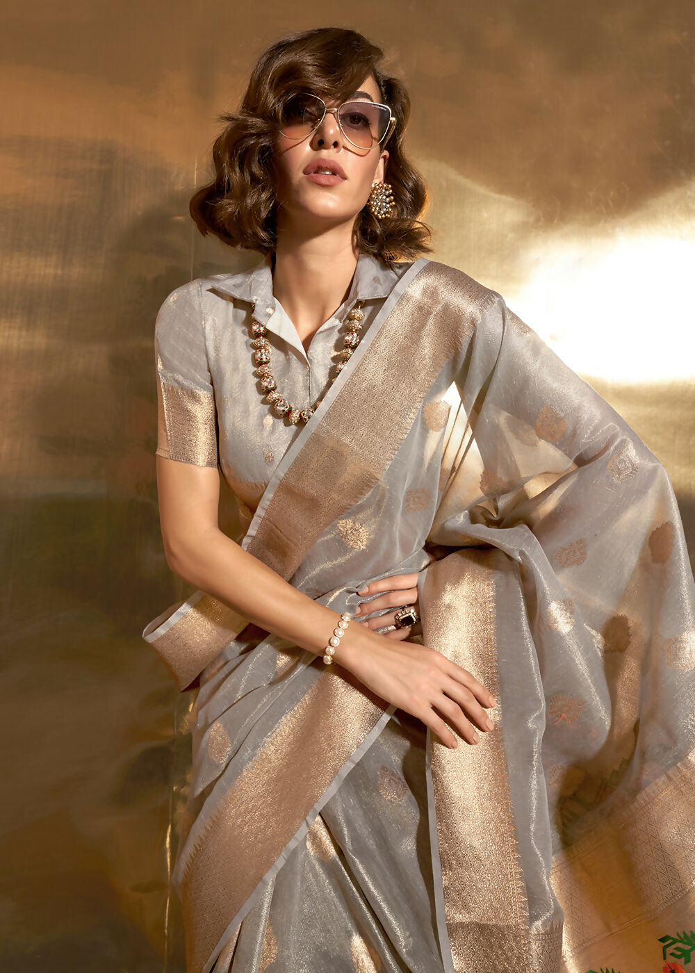 Grey Handwoven Tissue Fabric Festive & Party Style Saree - Emponline