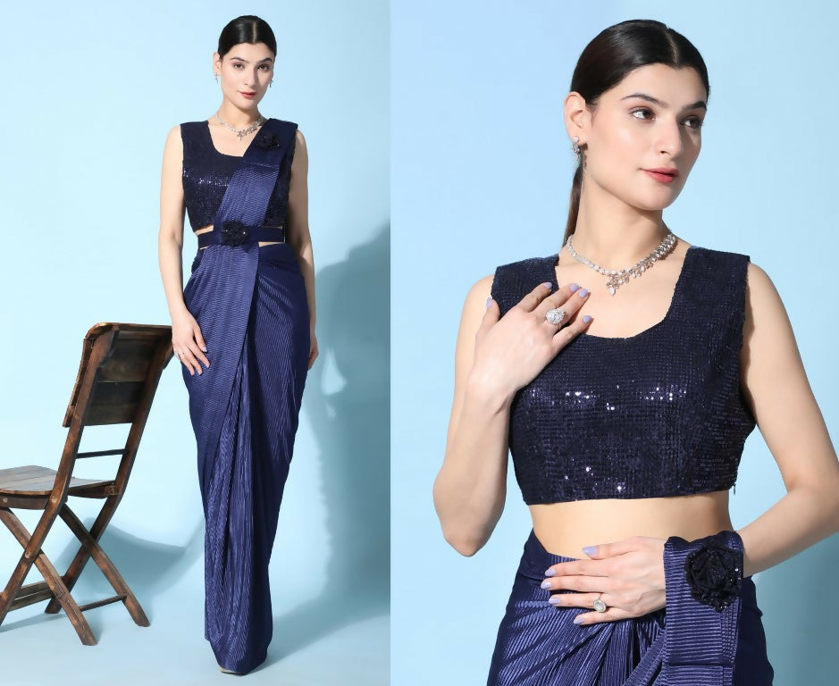 Blue Imported Crush Lycra Texture Pattern Ready to Wear Saree with stitched Blouse - Nirvana