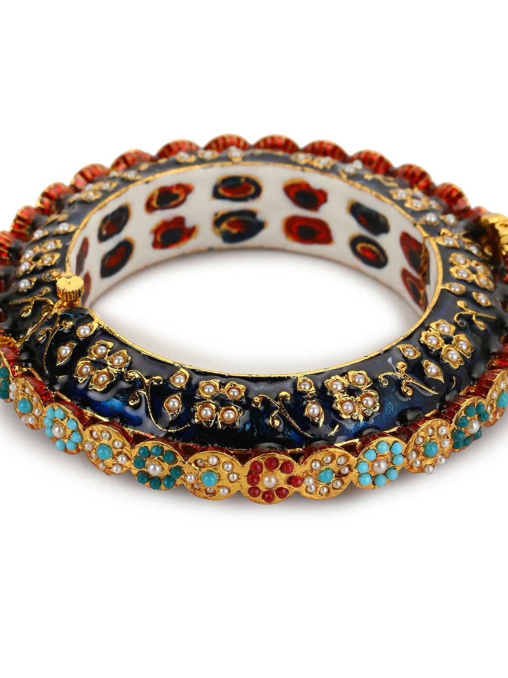 Gold-Polished Blue White Kundan Studded Pearls Beaded Bangle - Ruby Raang