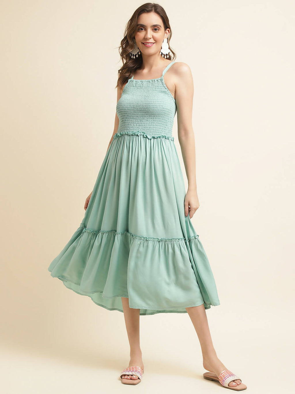 Sea Green Cotton Solid Flared Dress with Printed Shrug - Yukti