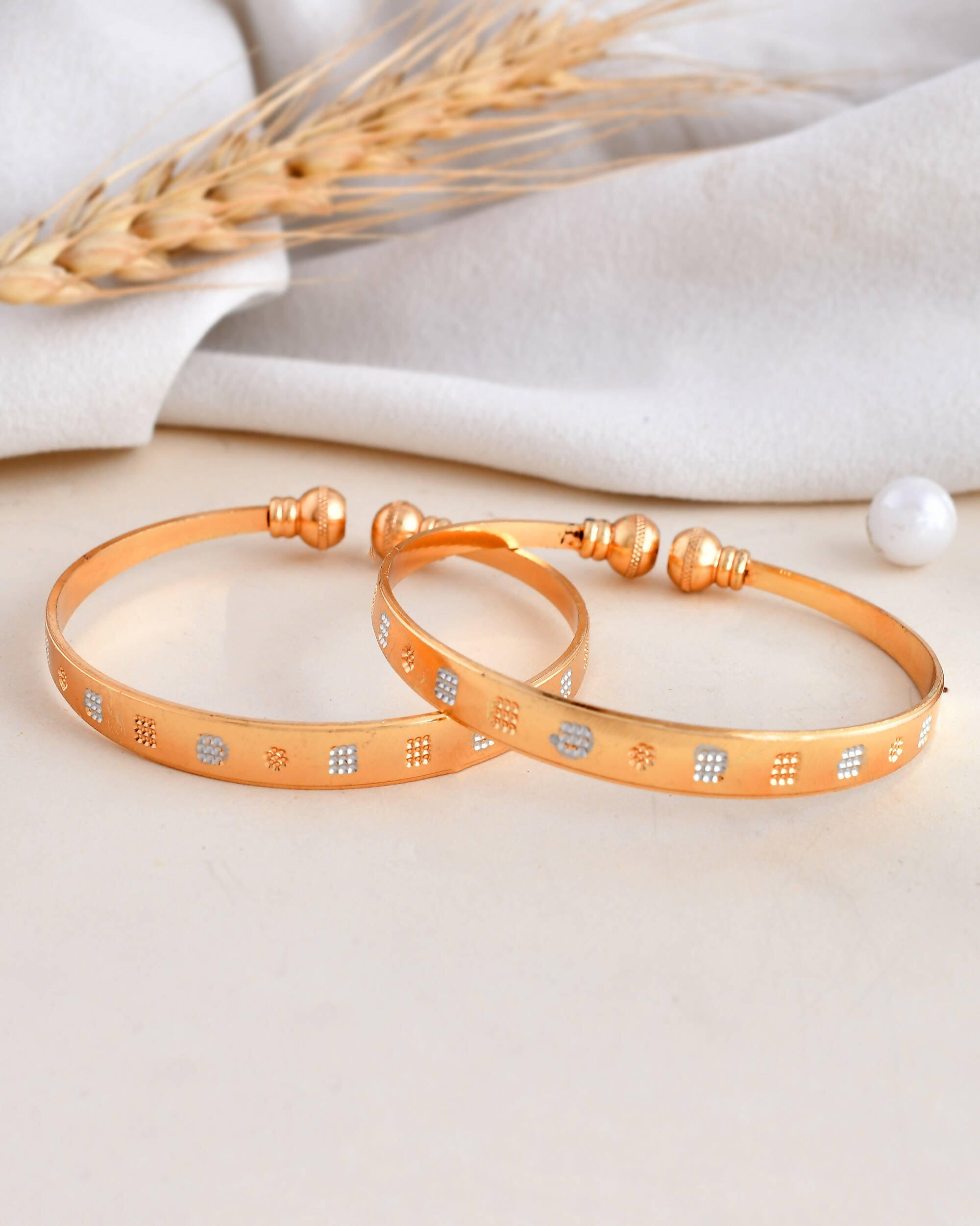 VOJ Stainless Steel Beads Gold-Polished Bangle Set (Pack of 2)