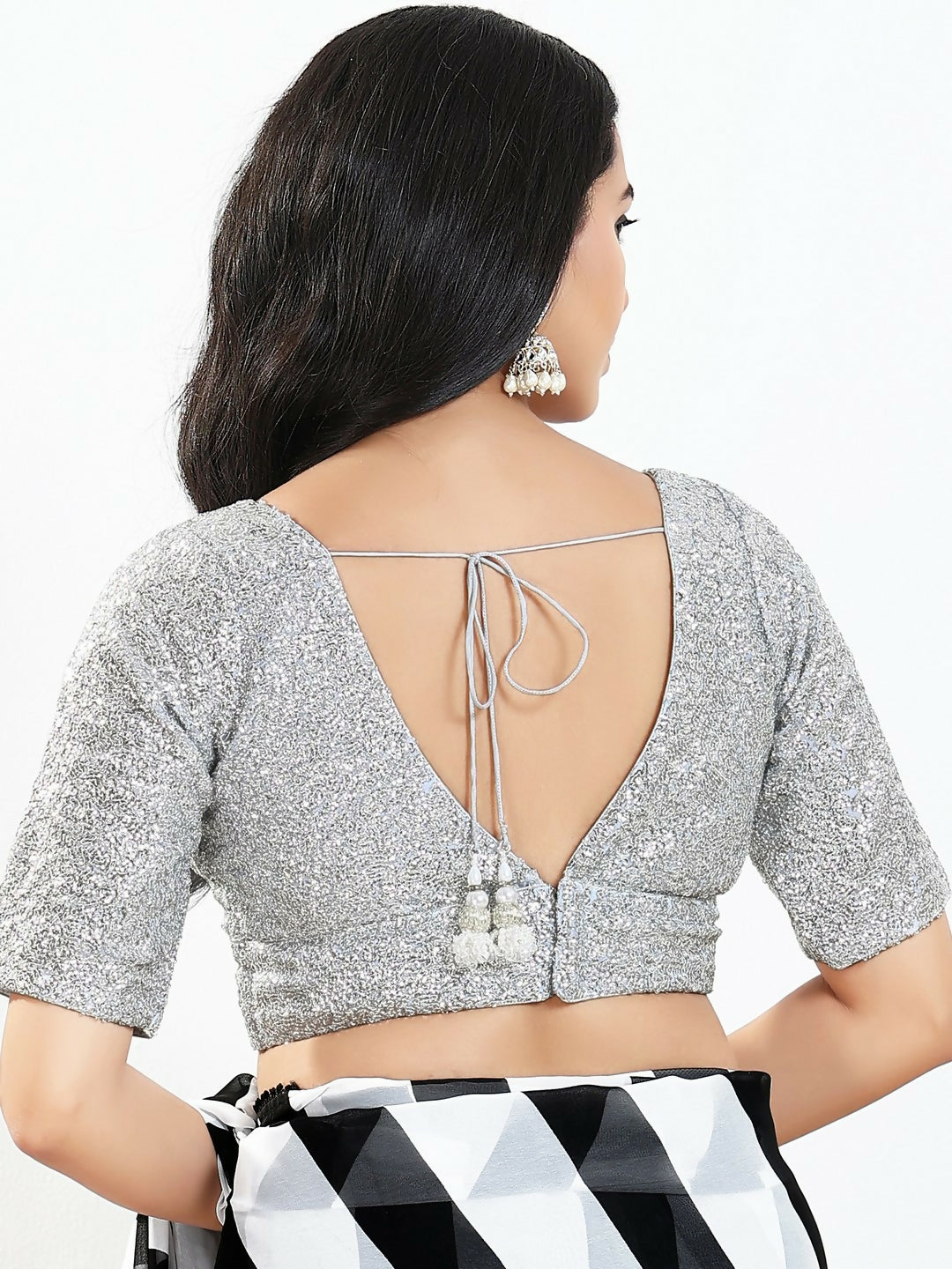 Joban Fashion Silver Silk Padded Blouse With V Neck Elbow Sleeves