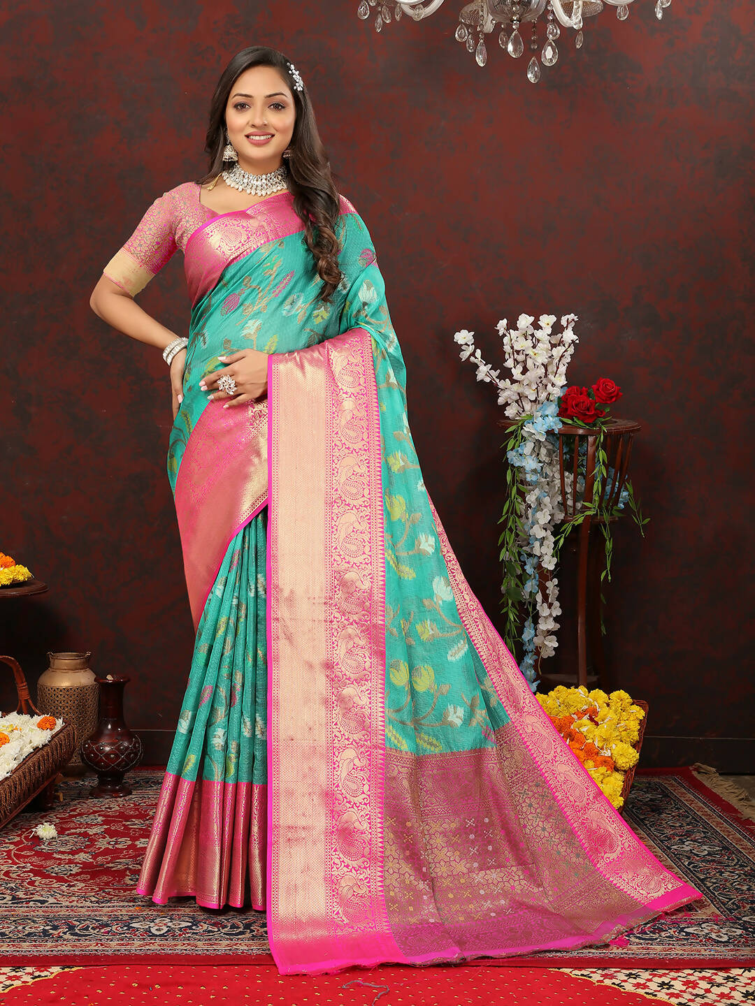 Lorenvalley Fashion Teal Cotton Woven Design Zari Meenakari Weaving Saree
