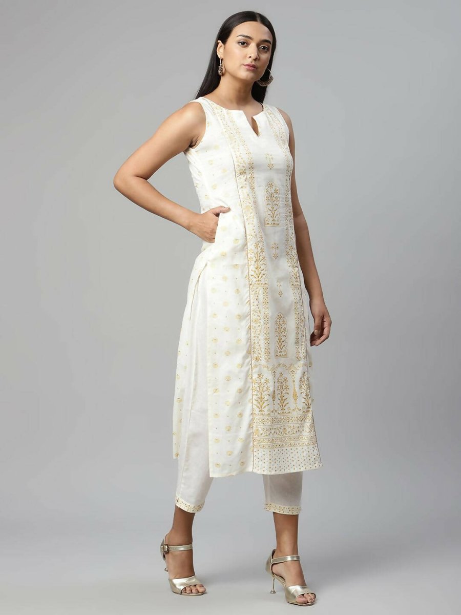 Ahalyaa Womens Off White Pure Cotton Printed Kurta Pant Set