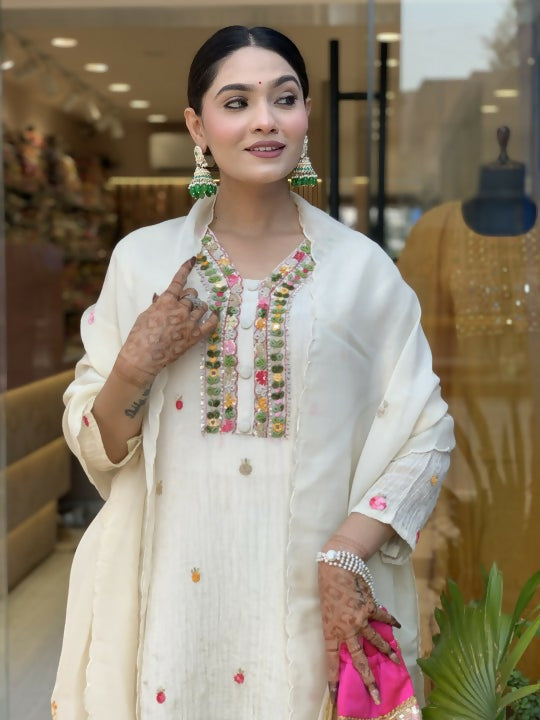 The52 Off White Women's Gorgeous Chinon Fabric Embroidered Work Straight Kurta Pant and Dupatta Set