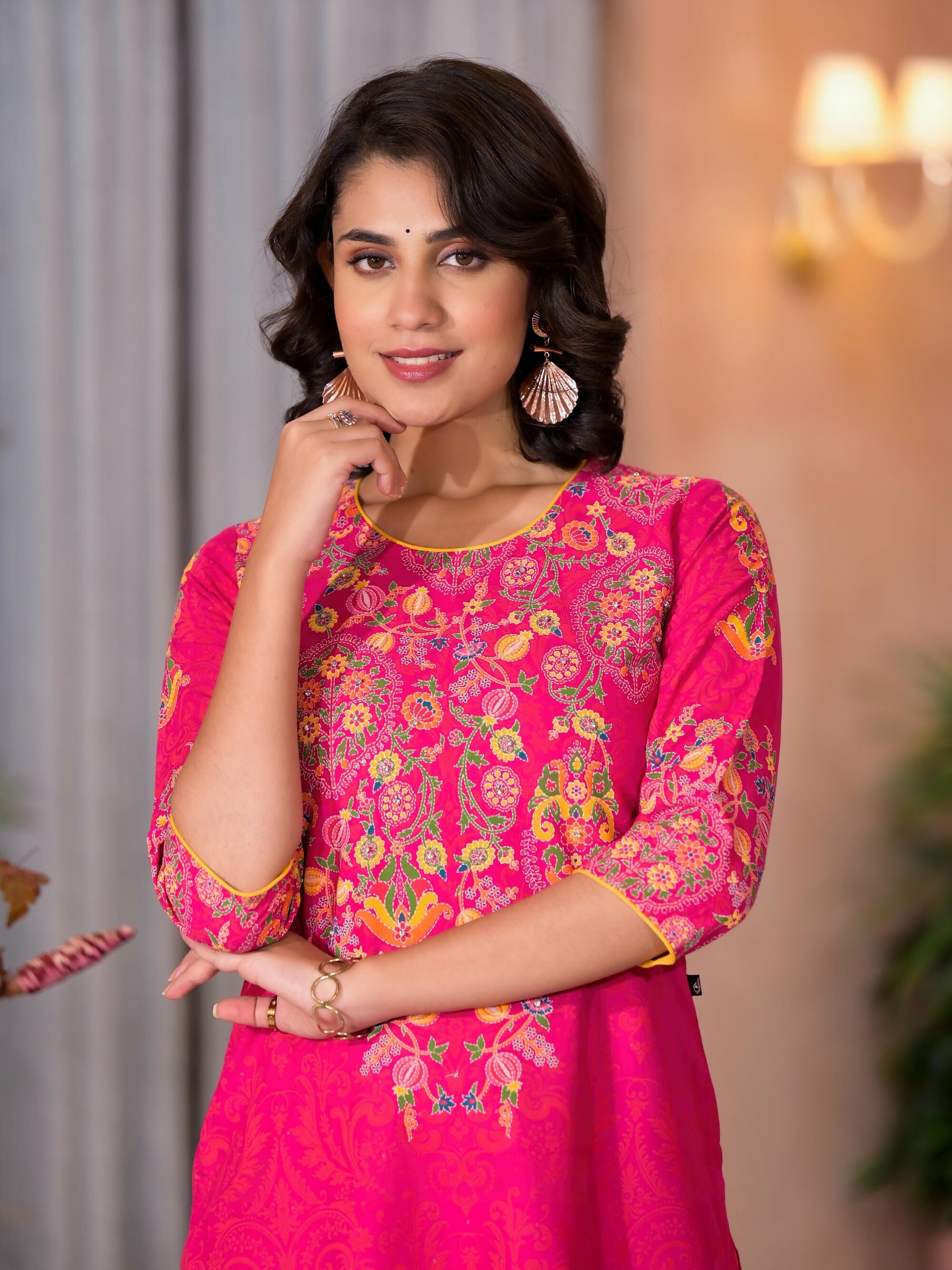 Juniper Women's Pink Thread Embroidered Liva Rayon Kurta Pant And Dupatta Set With Sequins Beads & Lace