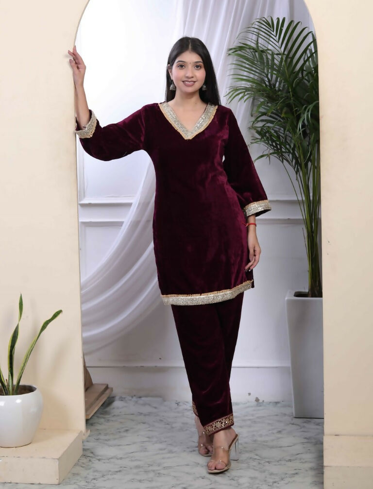 Miravan Women's Wine Embroidered Velvet Co-ord Set