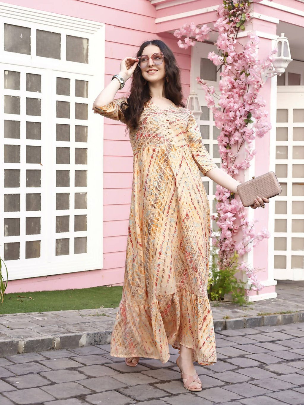 Peach Rayon Foil Printed Long Dress - Michan