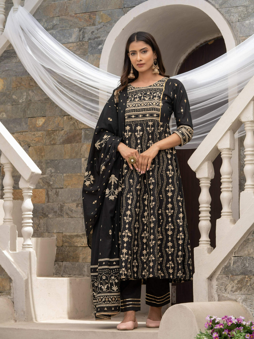Black Cotton Cambric Printed with Sequins work Anarkali Kurta with Pant & Dupatta - Akashara