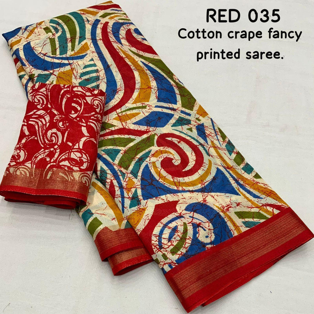 Red Cotton Crepe Batik Print Saree with Unstitched Blouse - Hiral Fashion