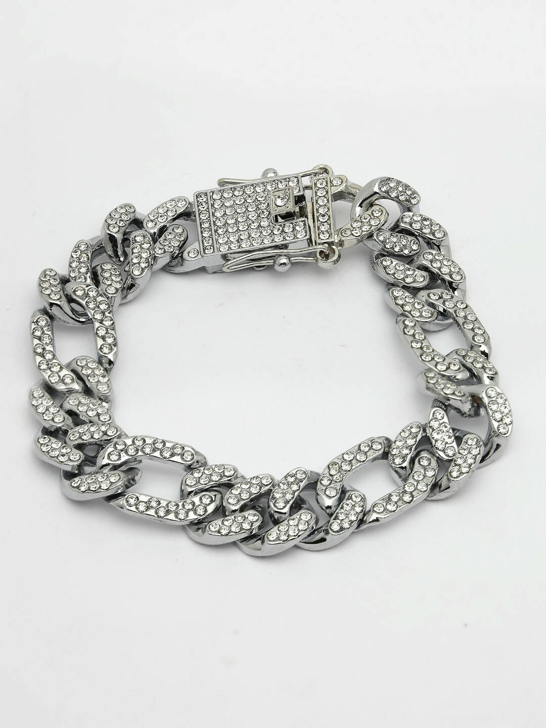 NVR Men Silver-Plated Stainless Steel American Diamond Studded Link Bracelet