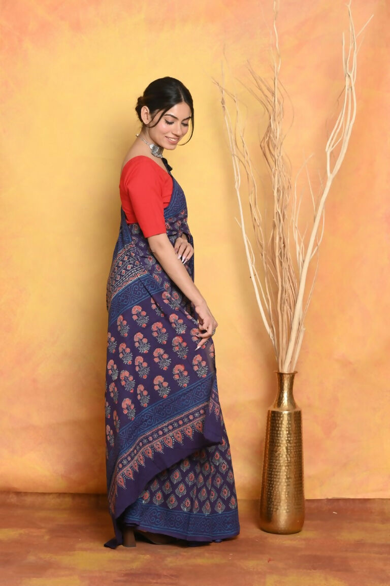 Very Much Indian Handblock Printed Cotton Saree With Natural Dyes - Blue
