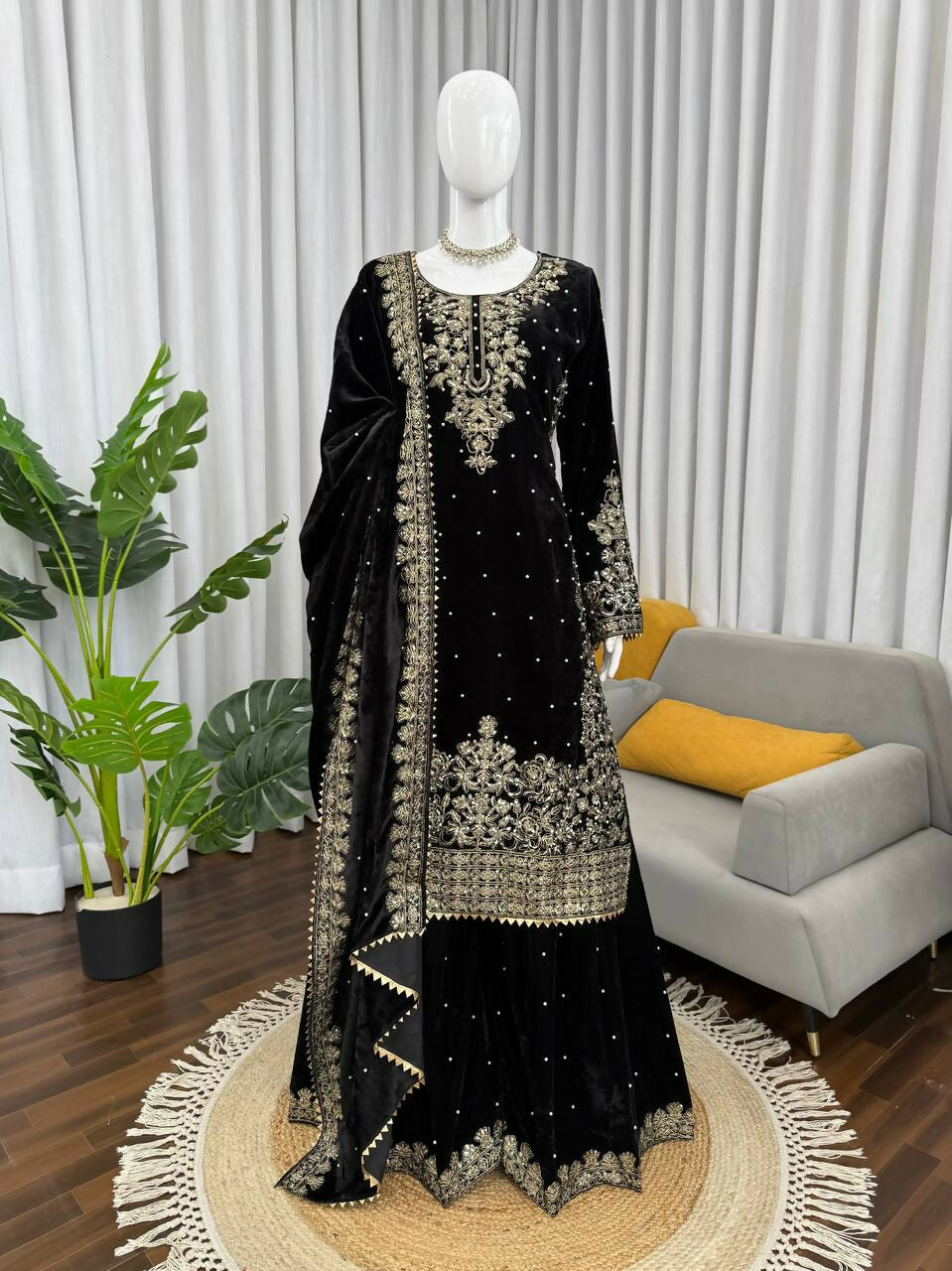 Vastranavya Black Viscose Velvet Cording Sequence With Moti Work Top-Bottom With Dupatta