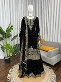 Vastranavya Black Viscose Velvet Cording Sequence With Moti Work Top-Bottom With Dupatta