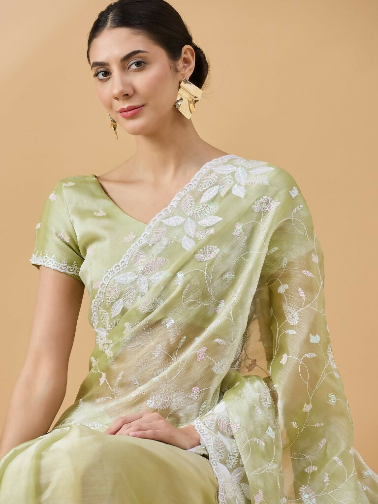 Green Tissue Slub Embroidered Saree with Unstitched Blouse - Vairagi