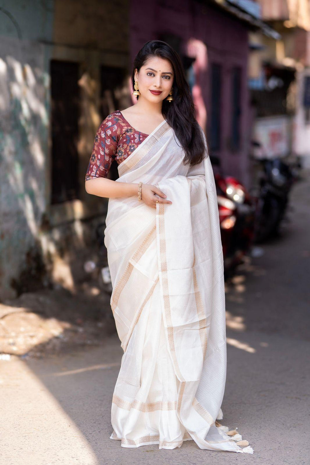 White Silk Blend Kalamkari Saree with Unstitched Blouse - Hiral Fashion