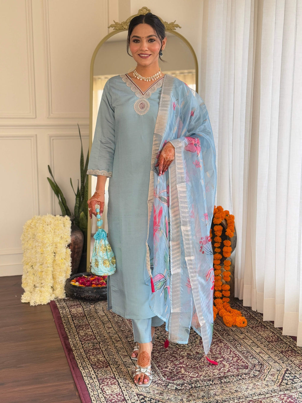 Teeya Creation Light Sky Color Roman Silk Embroidery Work Fully Stitched Kurti Set