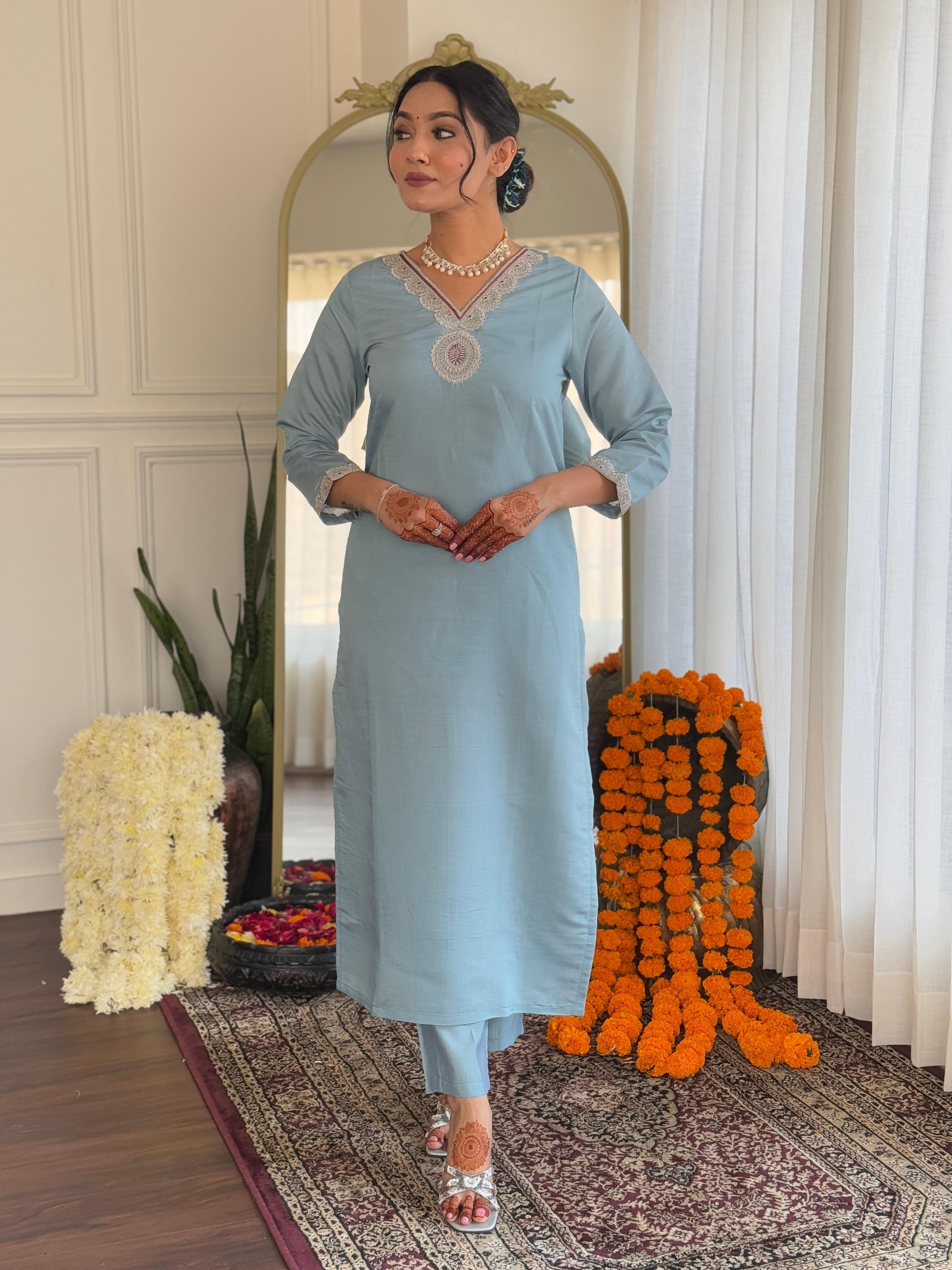 Teeya Creation Light Sky Color Roman Silk Embroidery Work Fully Stitched Kurti Set