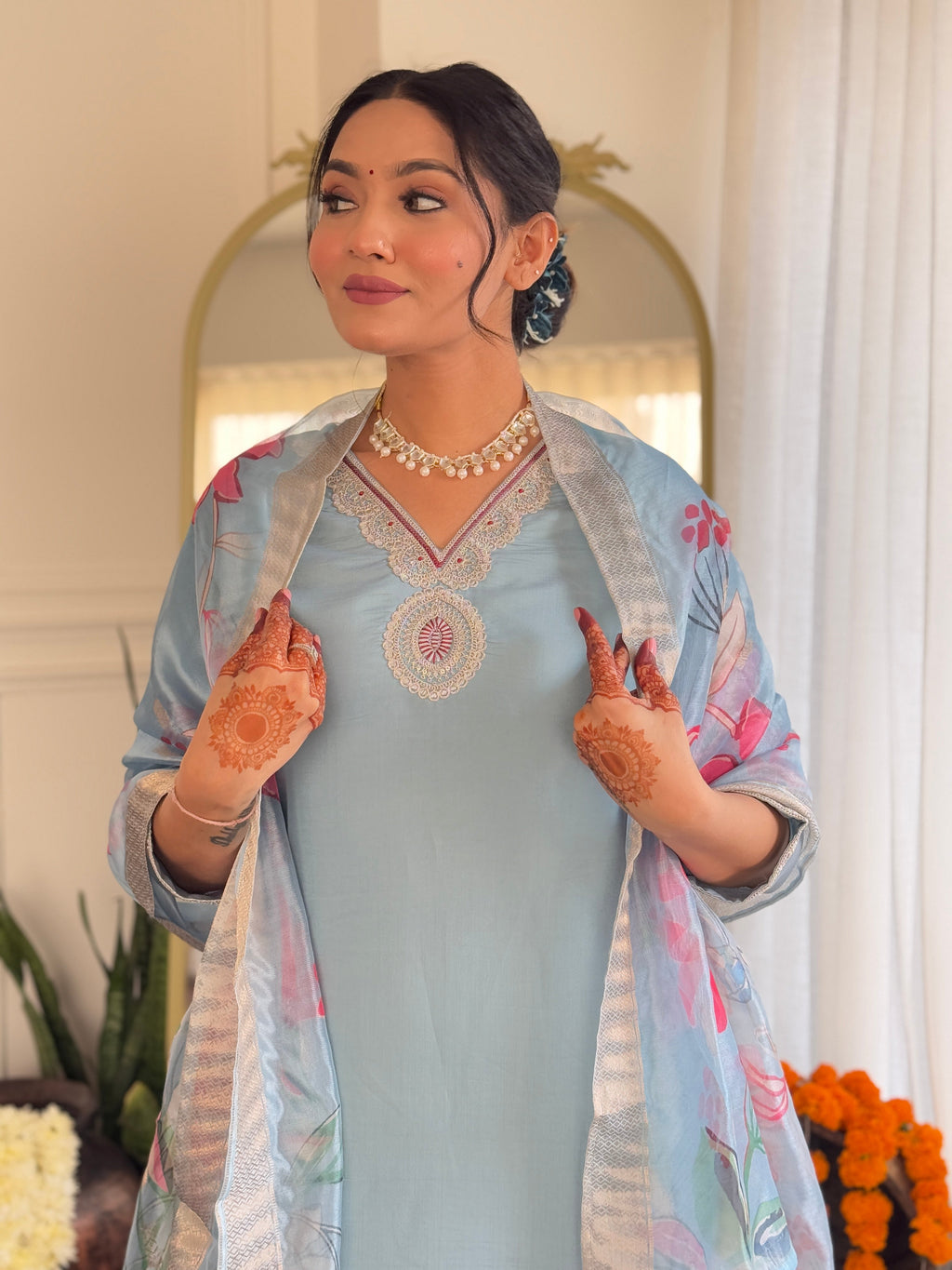 Teeya Creation Light Sky Color Roman Silk Embroidery Work Fully Stitched Kurti Set