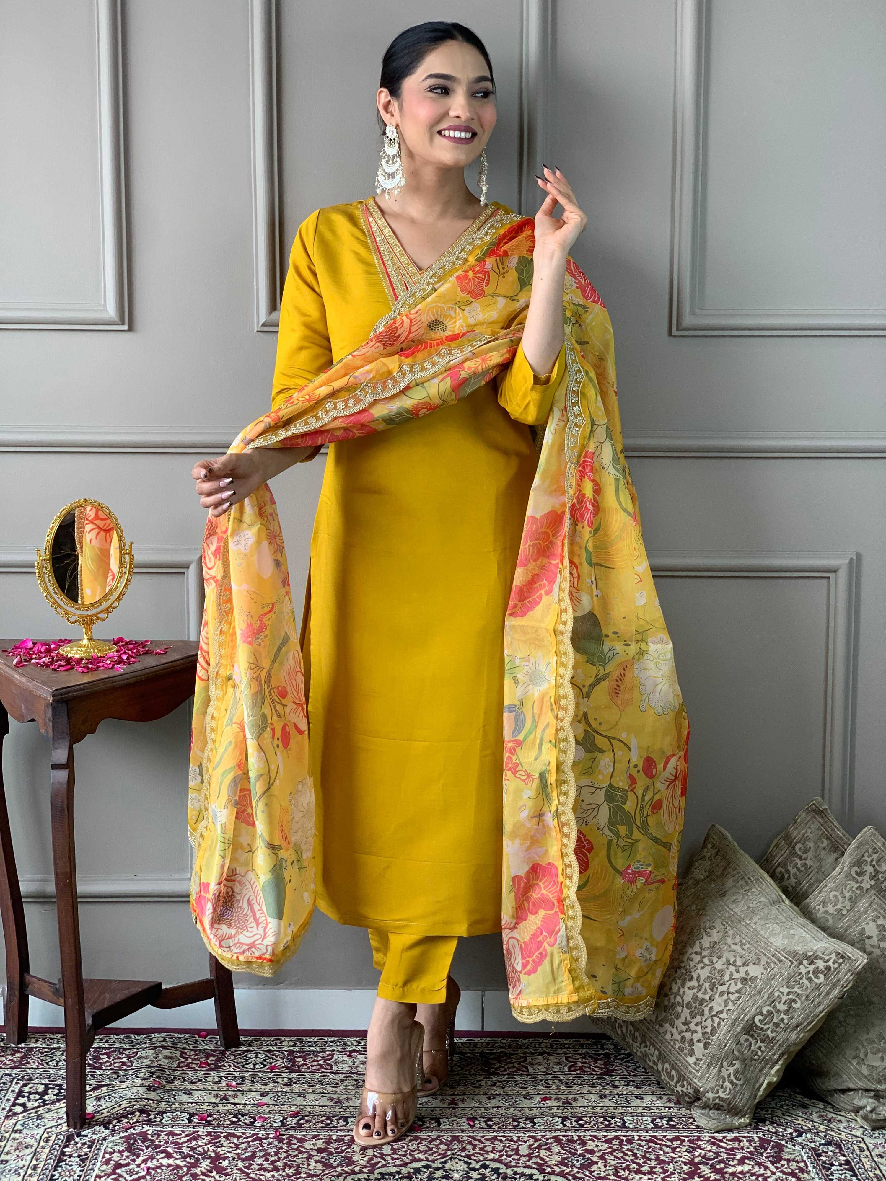 Teeya Creation Yellow Color Chanderi Silk Embroidery Work Fully Stitched Kurti Set
