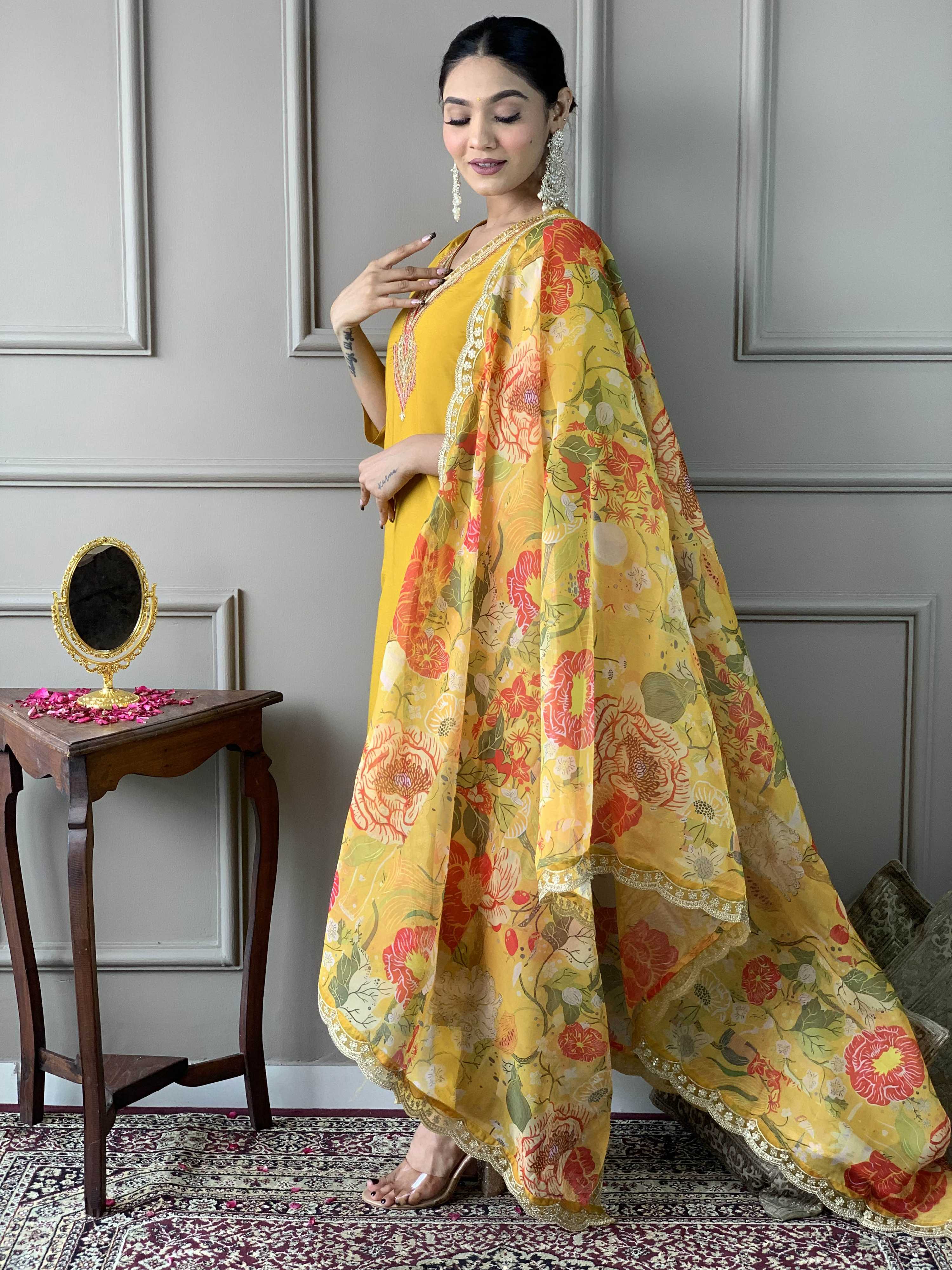 Teeya Creation Yellow Color Chanderi Silk Embroidery Work Fully Stitched Kurti Set