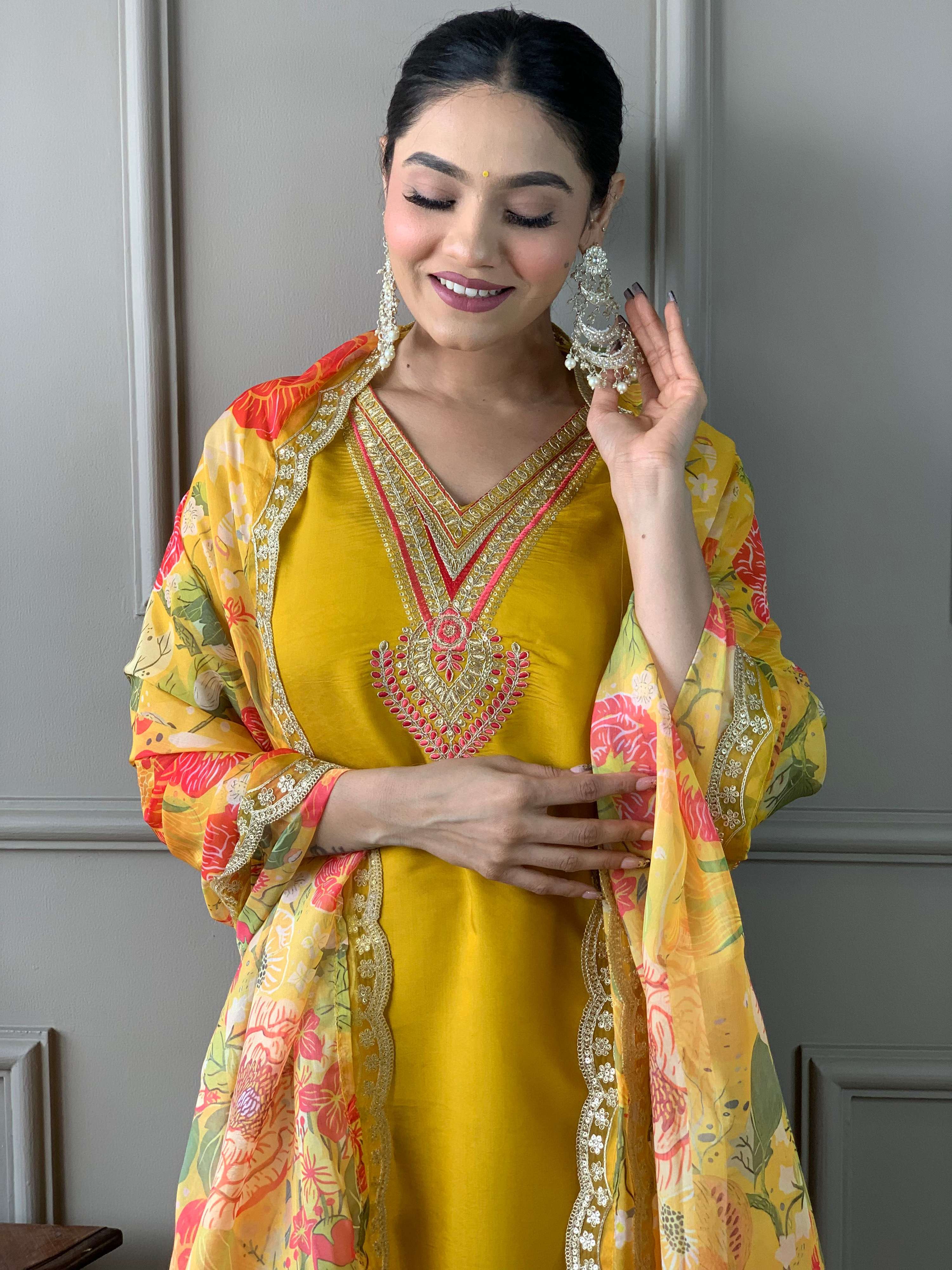 Teeya Creation Yellow Color Chanderi Silk Embroidery Work Fully Stitched Kurti Set