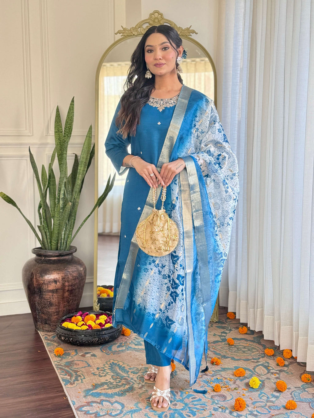 Teeya Creation Blue Color Roman Silk Embroidery Work Fully Stitched Kurti Set