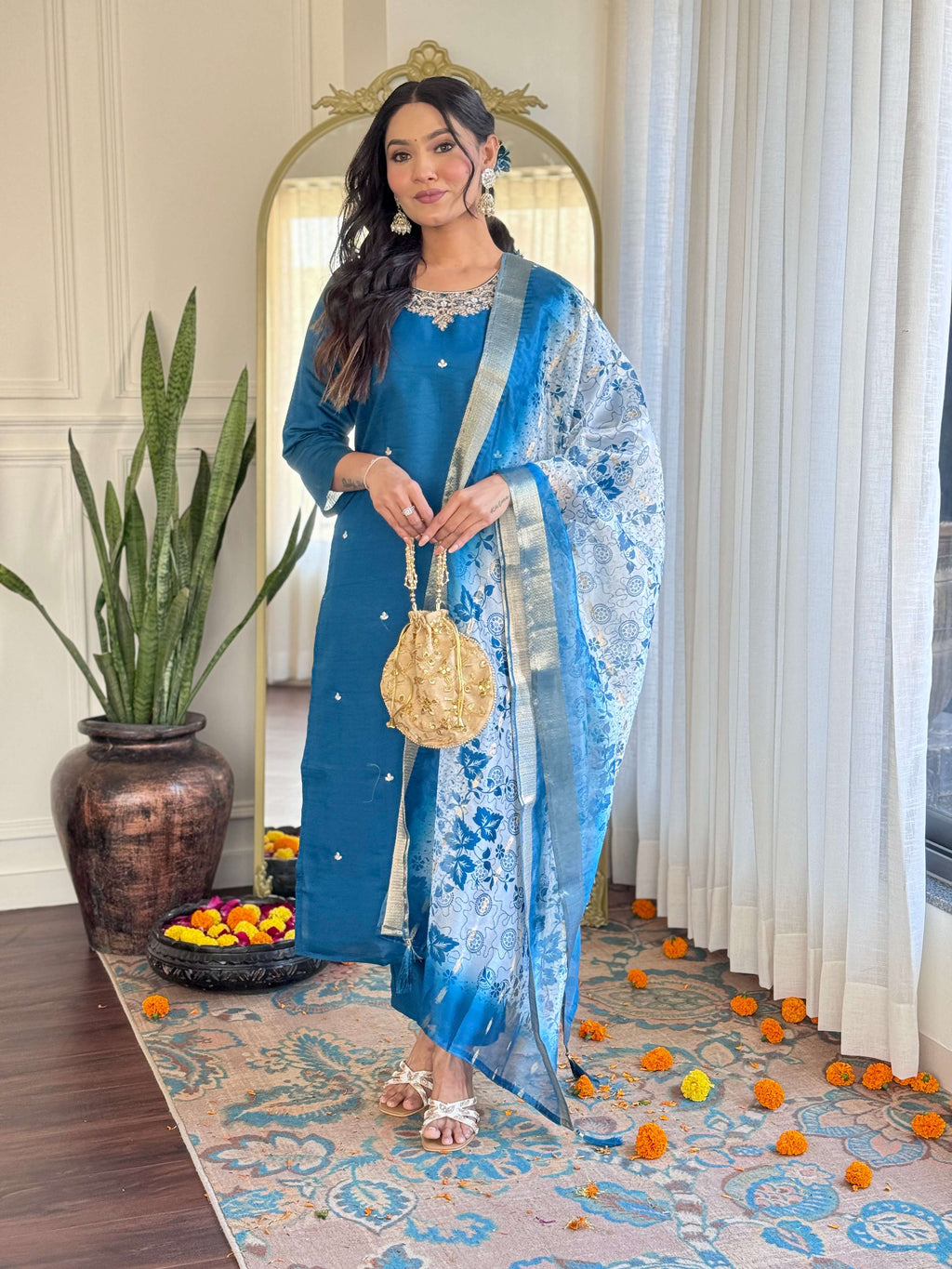 Teeya Creation Blue Color Roman Silk Embroidery Work Fully Stitched Kurti Set