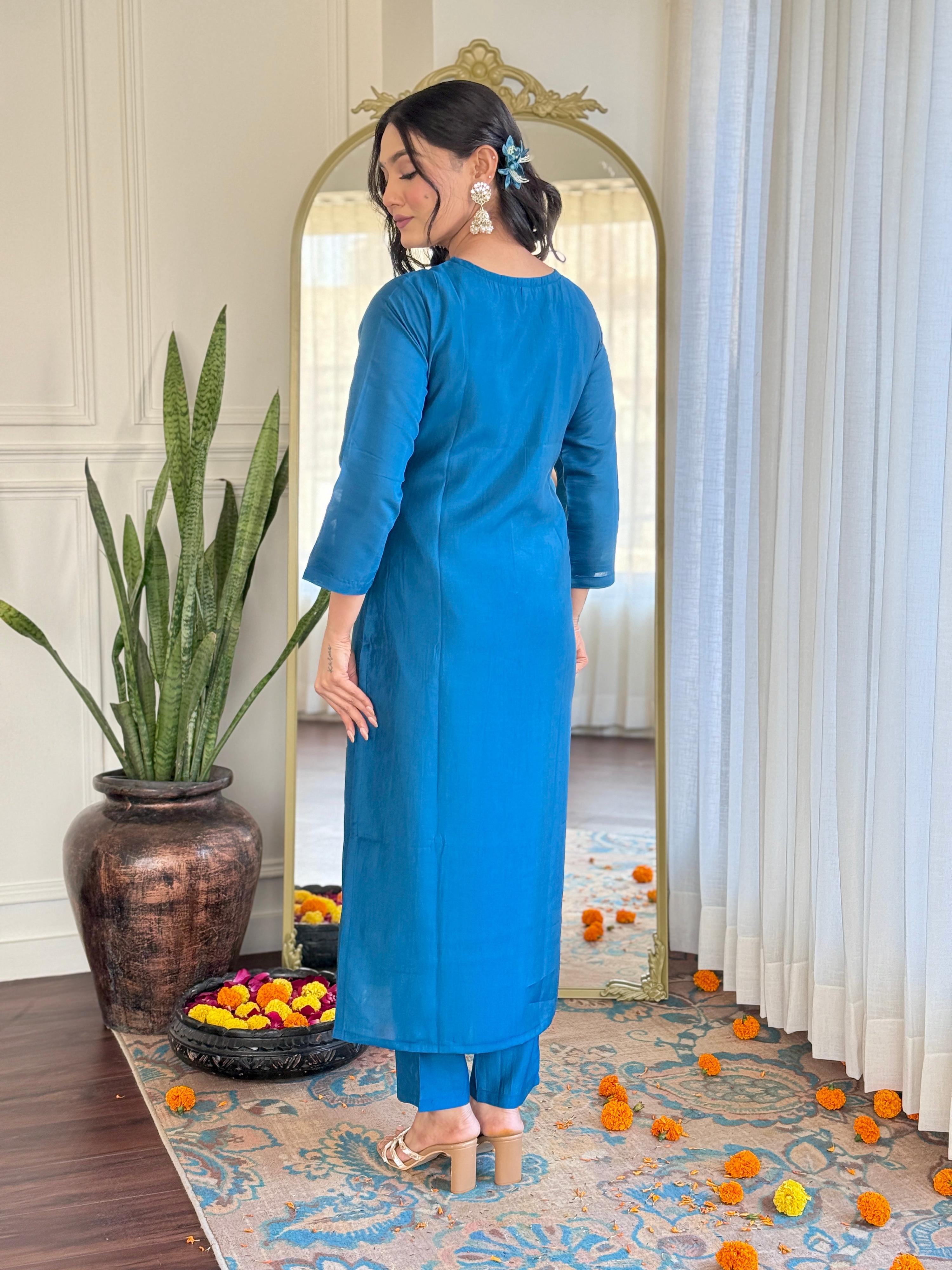 Teeya Creation Blue Color Roman Silk Embroidery Work Fully Stitched Kurti Set