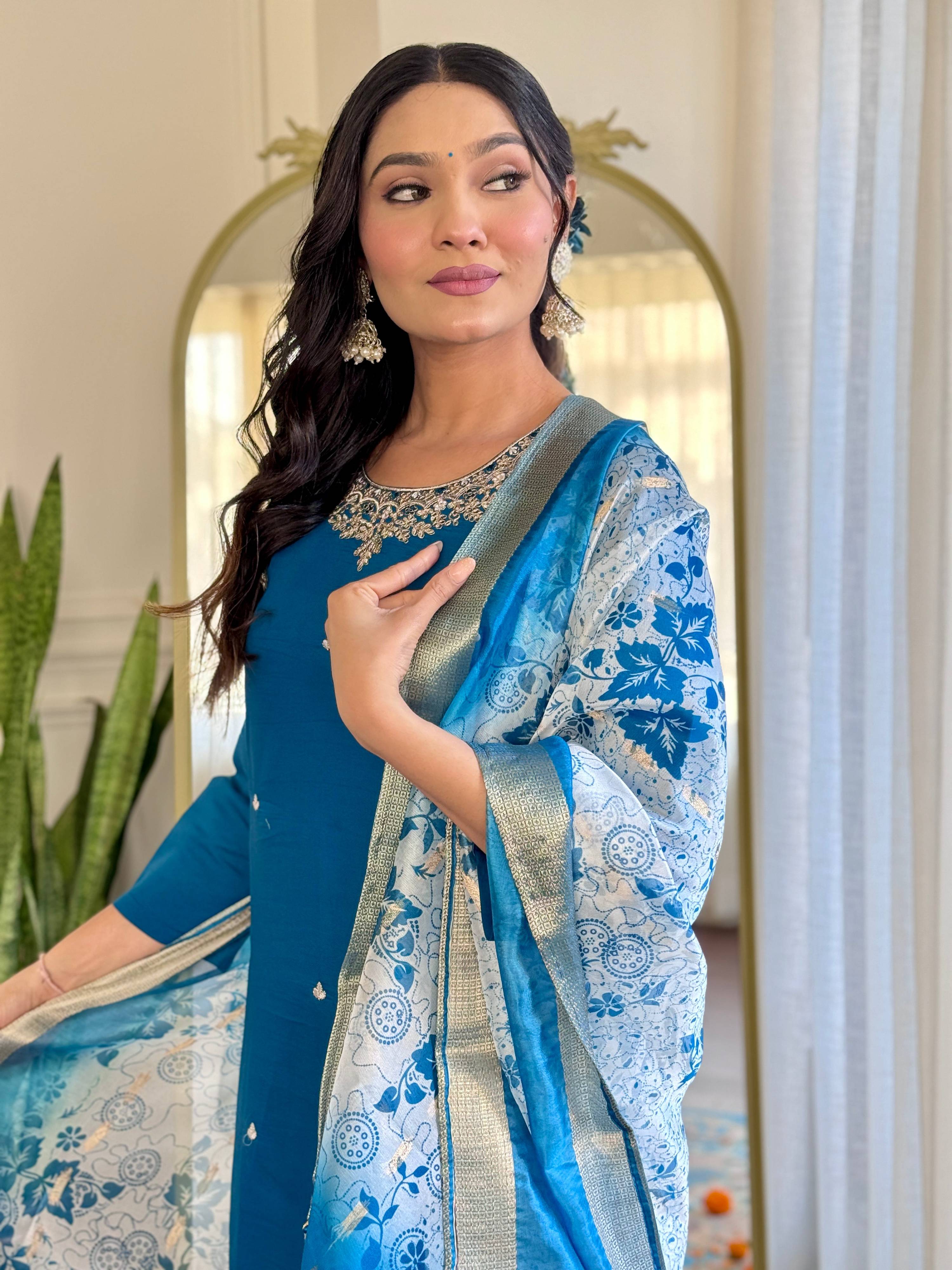 Teeya Creation Blue Color Roman Silk Embroidery Work Fully Stitched Kurti Set