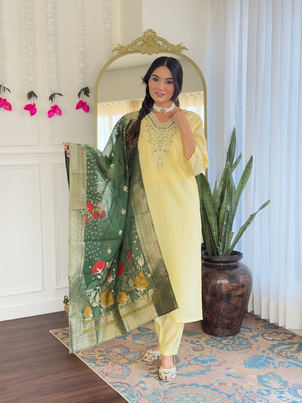 Teeya Creation Light Yellow Color Viscose Chanderi Embroidery Work Fully Stitched Kurti Set