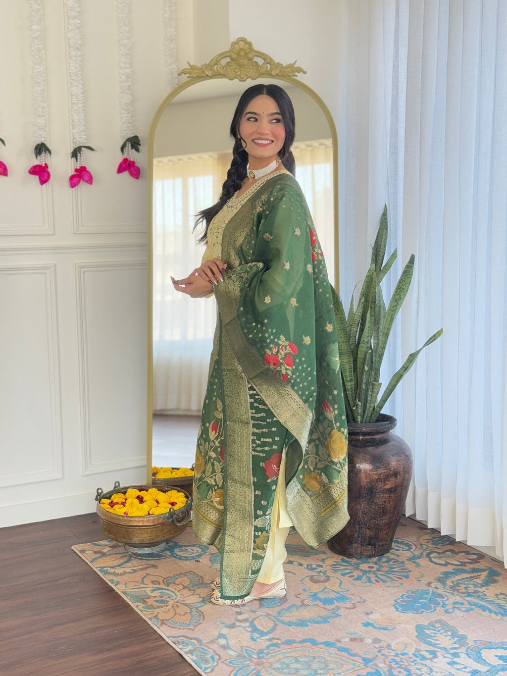 Teeya Creation Light Yellow Color Viscose Chanderi Embroidery Work Fully Stitched Kurti Set